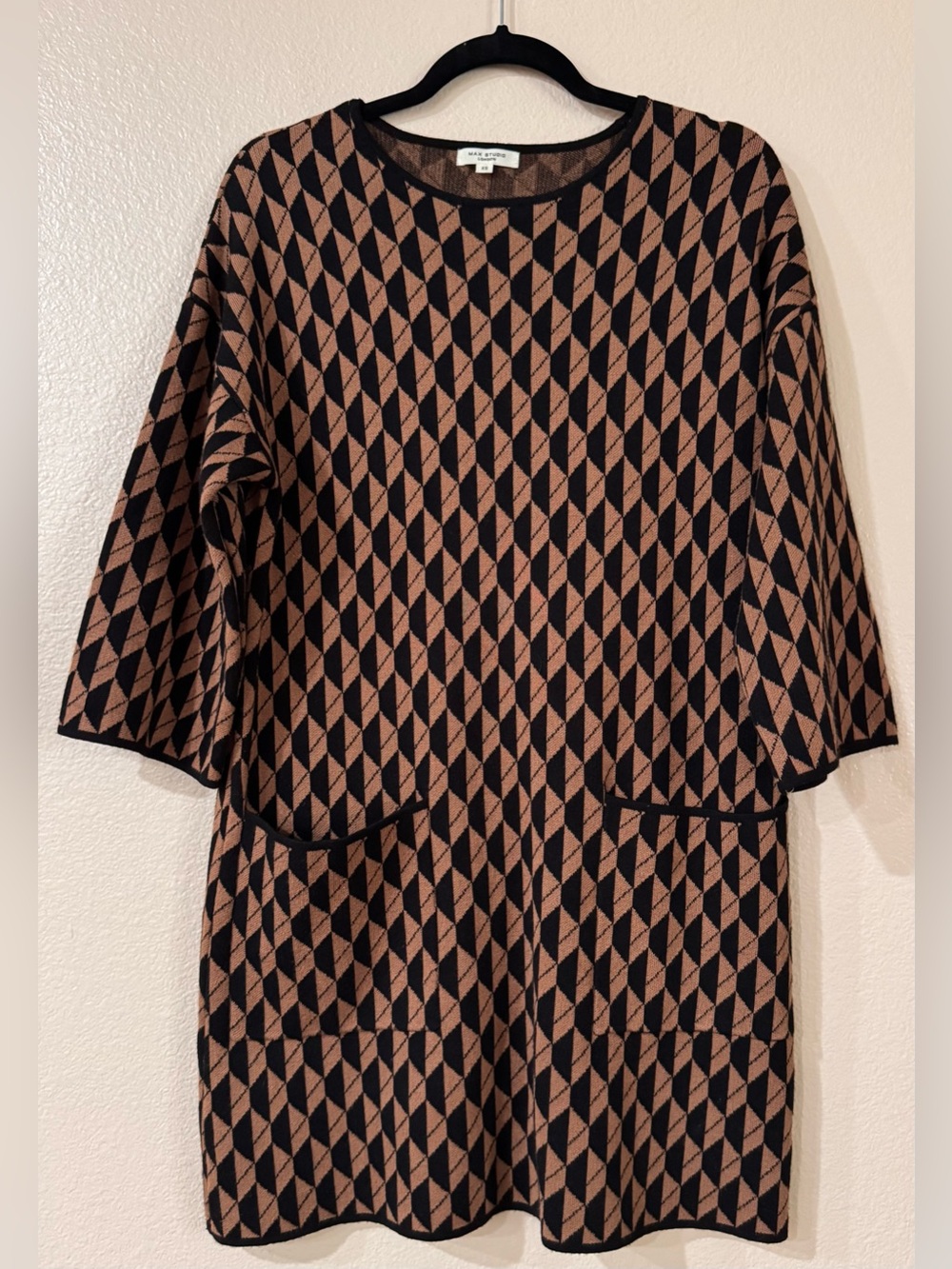 Max Studio Geometric Diamond Knit Tunic Dress Pockets Brown Black XS